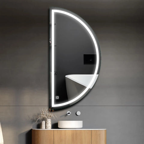 Miroir LED Demi-Lune | Bouton Tactile | Lumière blanche froide - Reyze Série Salono Modèle 1 - Côté Gauche