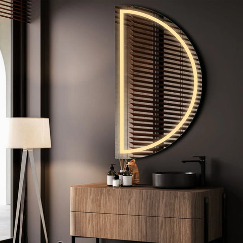 Miroir LED Demi-Lune | Sans Boutons Tactiles | Lumière Blanche Chaude - Reyze Série Salono Modèle 1 - Côté Gauche