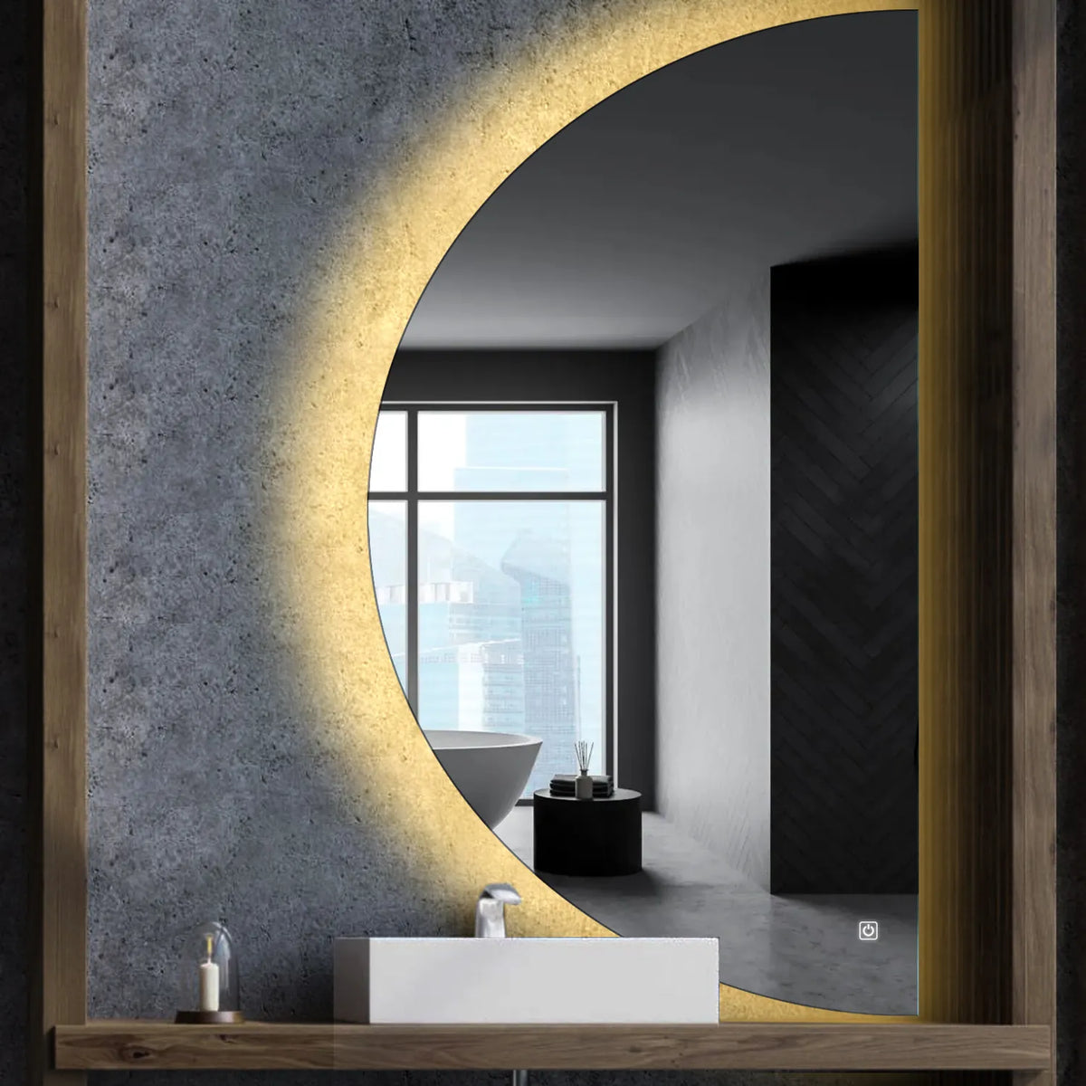 Miroir LED Demi-Lune | Bouton Tactile | Lumière Blanche Chaude - Reyze Série Ambient Modèle 1 - Côté Droit