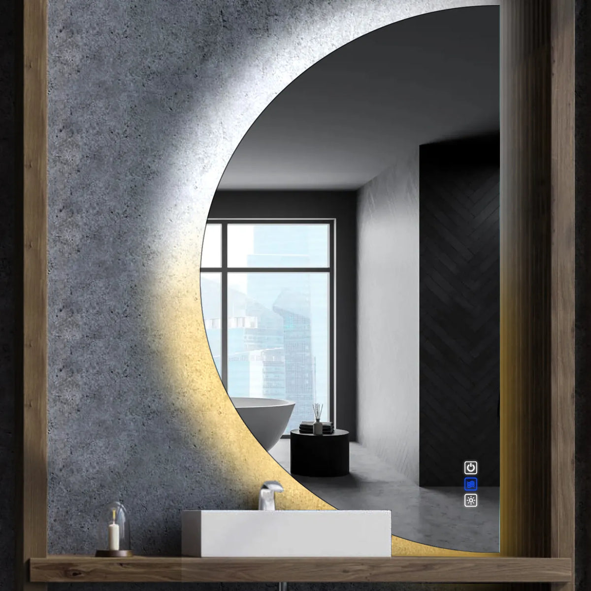 Miroir LED Demi-Lune | boutons tactiles | Fonction Anti-Buée | Température de couleur réglable - Reyze Série Ambient Modèle 1 - Côté Droit