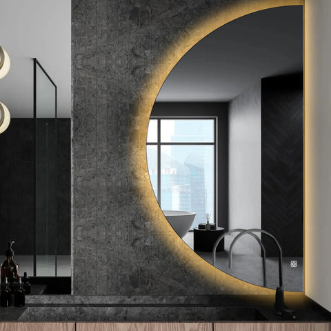 Miroir LED Demi-Lune | Bouton Tactile | Lumière Blanche Chaude - Reyze Série Ambient Modèle 1 - Côté Droit