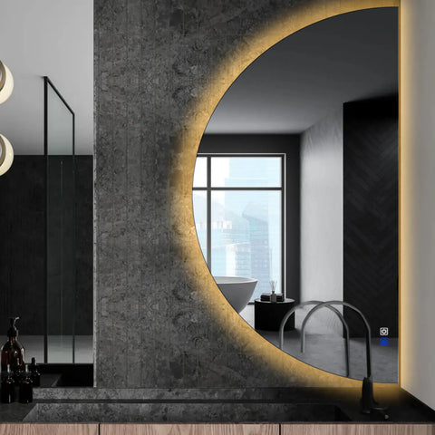 Miroir LED Demi-Lune | boutons tactiles | Fonction Anti-Buée | Lumière Blanche Chaude - Reyze Série Ambient Modèle 1 - Côté Droit