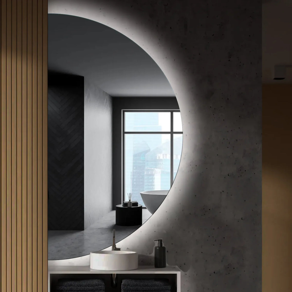 Miroir LED Demi-Lune | Sans Boutons Tactiles | Lumière blanche froide - Reyze Série Ambient Modèle 1 - Côté Gauche
