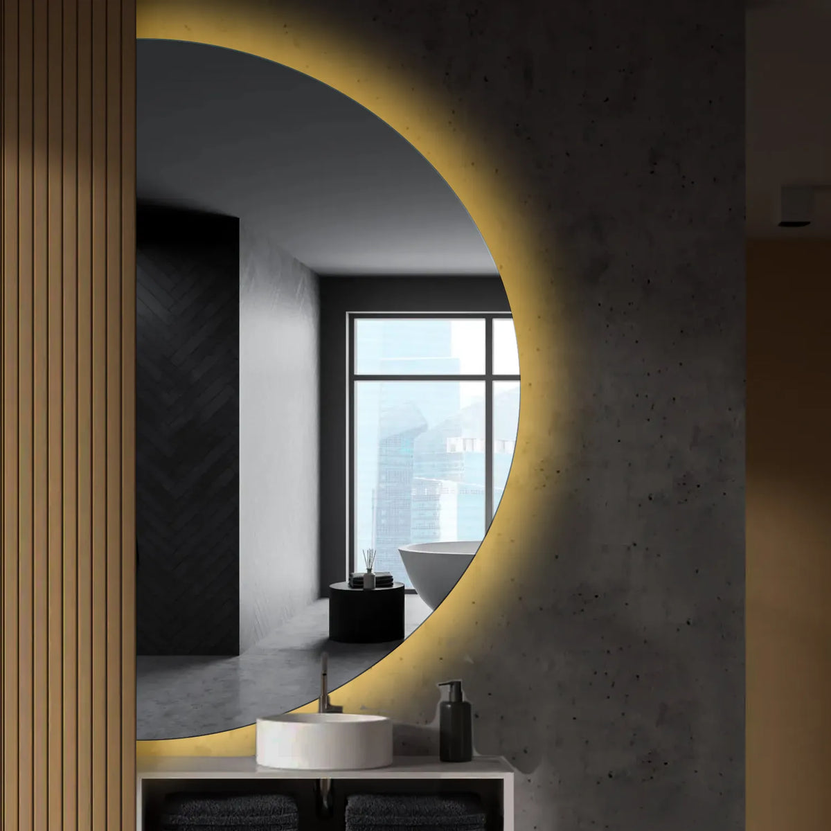 Miroir LED Demi-Lune | Sans Boutons Tactiles | Lumière Blanche Chaude - Reyze Série Ambient Modèle 1 - Côté Gauche