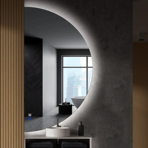Miroir LED Demi-Lune | boutons tactiles | Fonction Anti-Buée | Lumière blanche froide - Reyze Série Ambient Modèle 1 - Côté Gauche