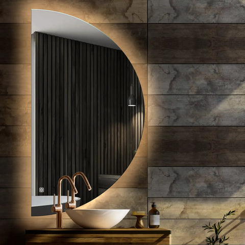 Miroir LED Demi-Lune | Bouton Tactile | Lumière Blanche Chaude - Reyze Série Ambient Modèle 1 - Côté Gauche