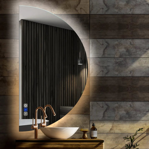 Miroir LED Demi-Lune | boutons tactiles | Fonction Anti-Buée | Température de couleur réglable - Reyze Série Ambient Modèle 1 - Côté Gauche